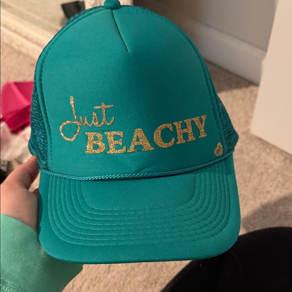 Teal 'Just Beachy' Gold Glitter Trucker Hat
